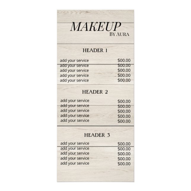 Rustic Wood Makeup Artist Price List Template Rack Card (Front)