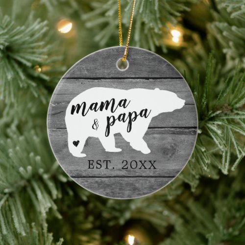 Rustic Wood Mama Papa Bear Heart Birth Ceramic Ornament