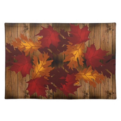 Rustic Wood Maple and Oak Foliage Leaves Autumn Cloth Placemat