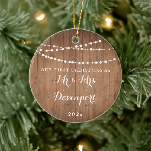 Rustic wood married 1st Christmas Ceramic Ornament