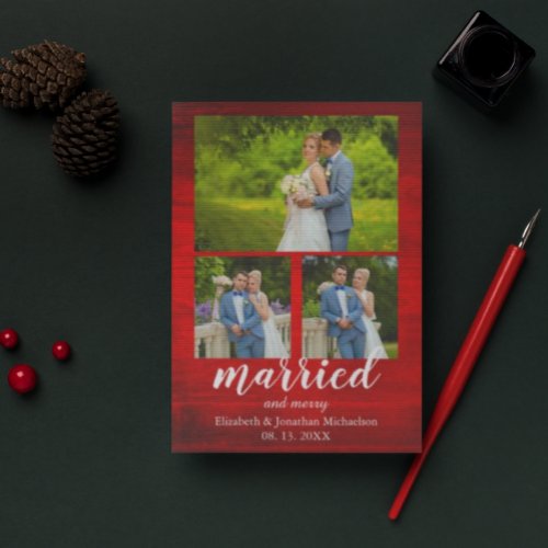 Rustic Wood Married and Merry Photo Collage Holiday Card