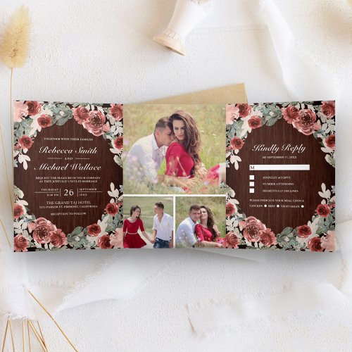 Rustic Wood Marsala Floral Photo Collage Wedding Tri_Fold Invitation