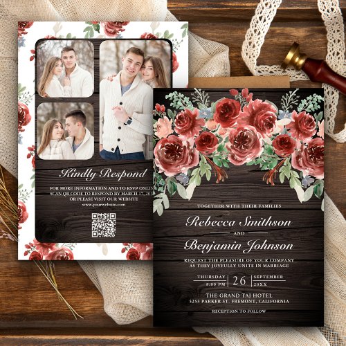 Rustic Wood Marsala Floral Photo QR Code Wedding Invitation