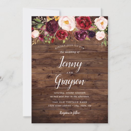 Rustic Wood Marsala Floral Wedding Invitation | Zazzle