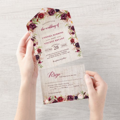 Rustic Wood Marsala Floral Wedding (No ENV needed) All In One Invitation - These "Rustic Wood Burgundy Red Floral Wedding All in One Invitations" are designed with an easy to tear off perforated RSVP postcard. Just simply fold each card into the outlined shape, and then seal and send - no envelope needed for shipping.