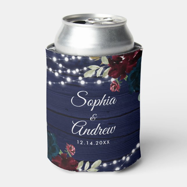 Rustic Wood Marsala & Navy Blue Flowers Can Cooler (Can Front)