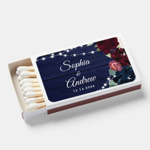 Rustic Wood Marsala  Navy Blue Flowers Matchboxes