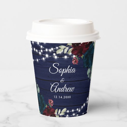 Rustic Wood Marsala  Navy Blue Flowers Paper Cups