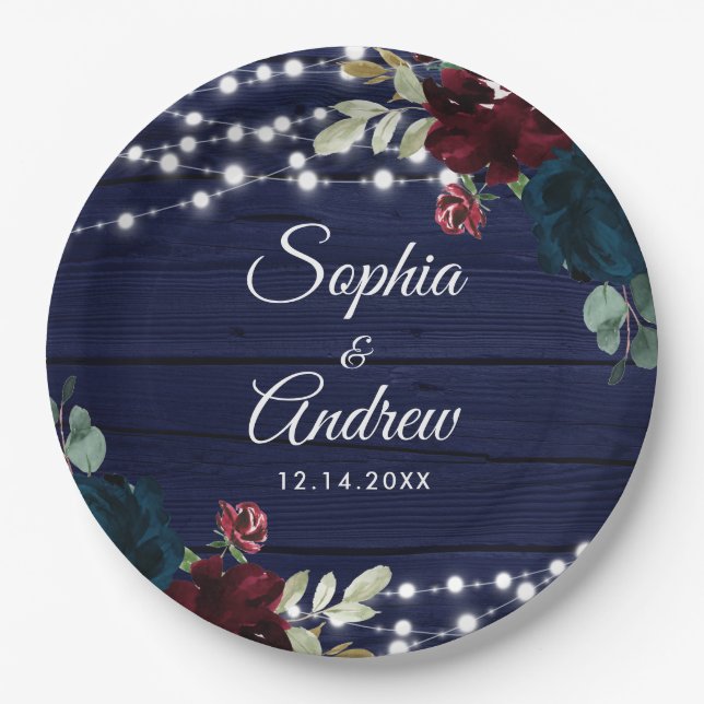 Rustic Wood Marsala & Navy Blue Flowers Paper Plates (Front)