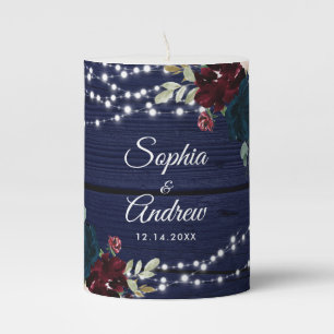 Rustic Wood Marsala & Navy Blue Flowers Pillar Candle