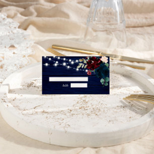 Rustic Wood Marsala & Navy Blue Flowers Place Card