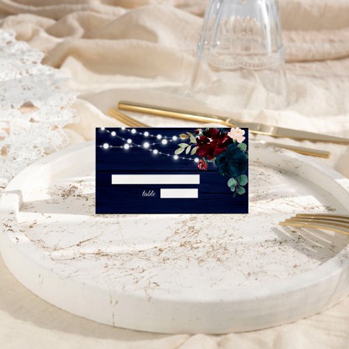 Rustic Wood Marsala  Navy Blue Flowers  Place Card