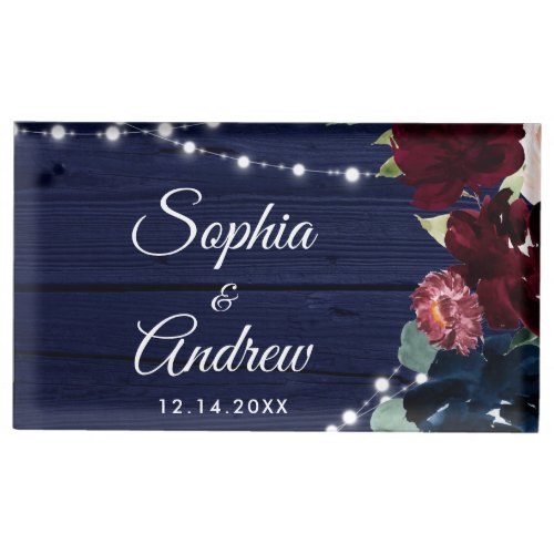 Rustic Wood Marsala  Navy Blue Flowers Place Card Holder