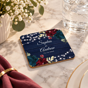 Rustic Wood Marsala & Navy Blue Flowers Square Paper Coaster