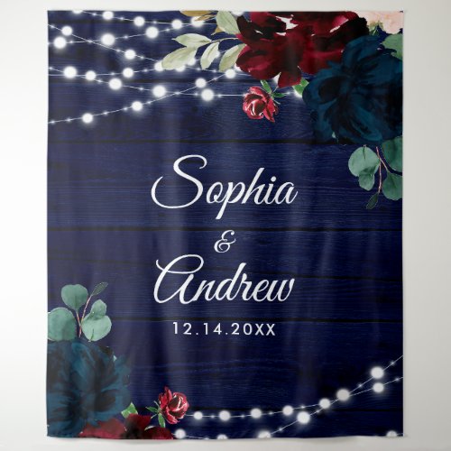 Rustic Wood Marsala  Navy Blue Flowers Tapestry