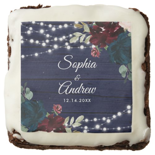 Rustic Wood Marsala  Navy Blue Flowers Wedding Brownie