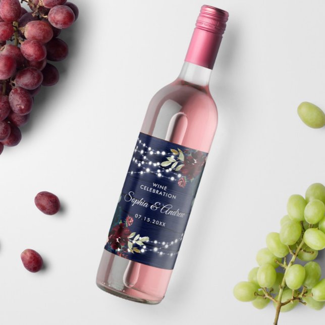 Rustic Wood Marsala & Navy Blue Flowers Wine Label (Creator Uploaded)