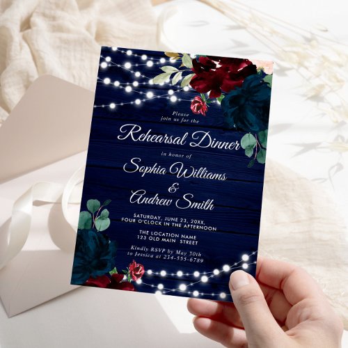 Rustic Wood Marsala  Navy Blue Rehearsal Dinner Invitation