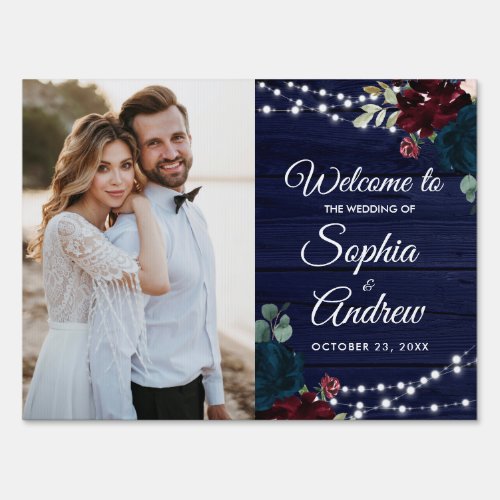 Rustic Wood Marsala  Navy Blue Wedding Photo Yard Sign