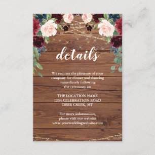 Rustic Wood Marsala Wedding Reception Details Invitation