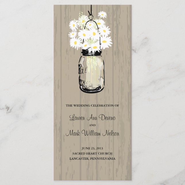 Rustic Wood Mason Jar and Daisies Program (Front)