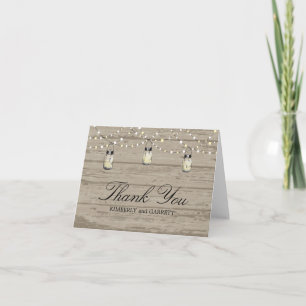 Rustic Wood Mason Jar and Lights Letterpress Thank You Card
