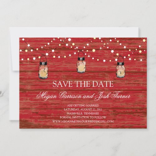 Rustic Wood Mason Jar and Lights Save the Date
