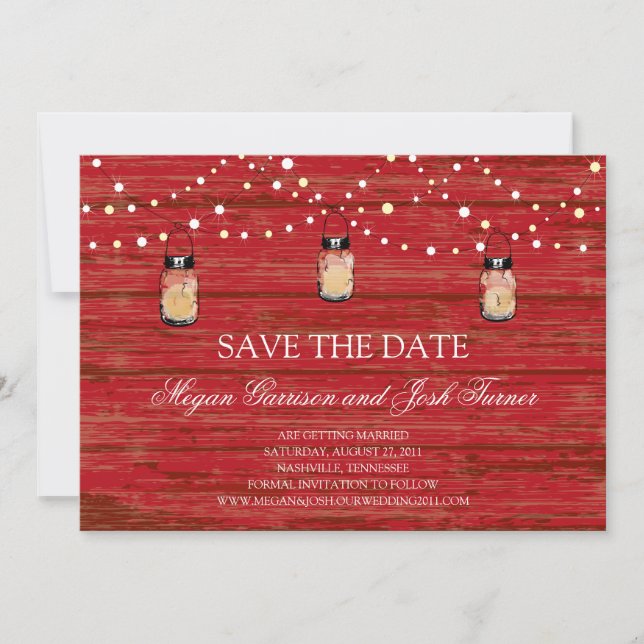 Rustic Wood Mason Jar and Lights Save the Date (Front)