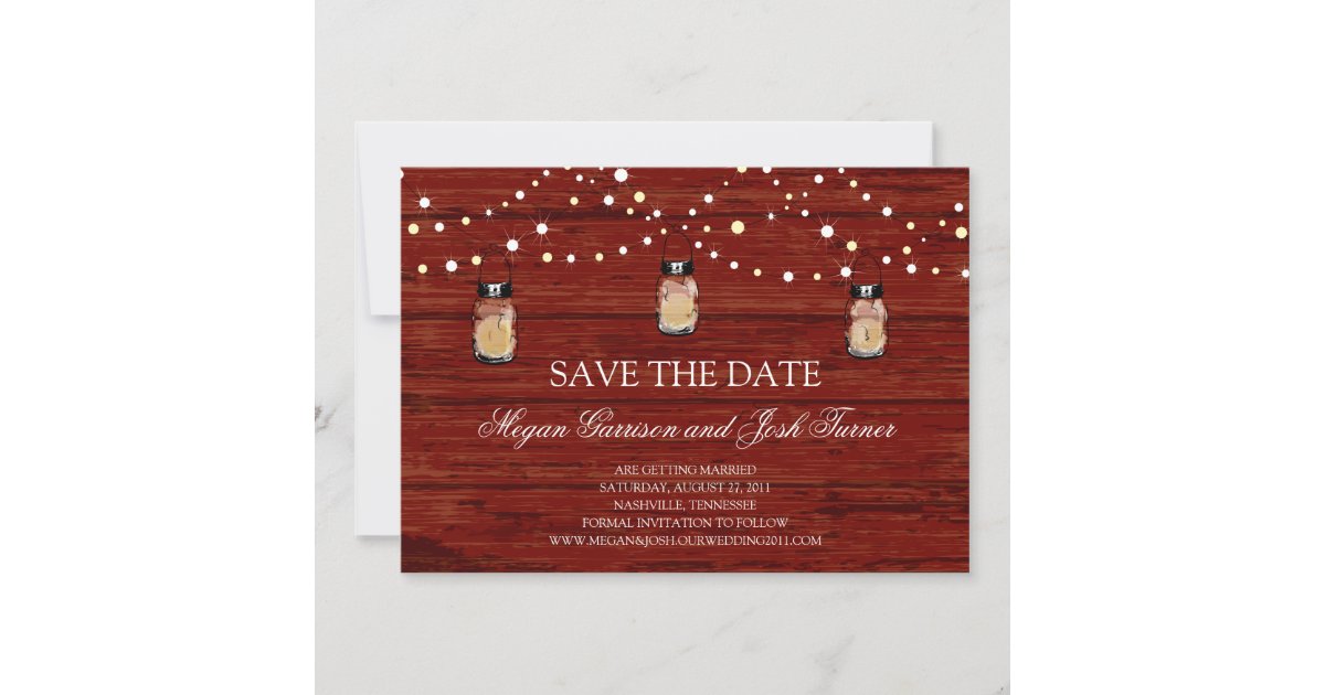 Rustic Wood Mason Jar and Lights Save the Date Invitation | Zazzle