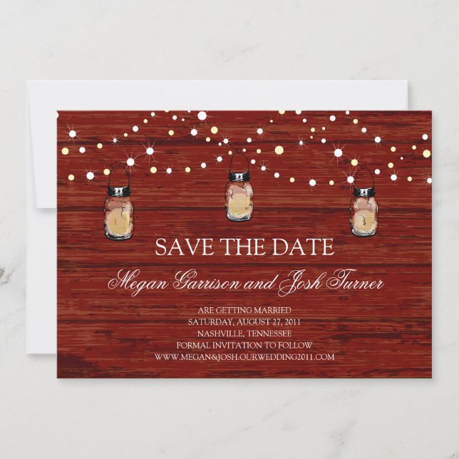 Rustic Wood Mason Jar and Lights Save the Date Invitation (Front)