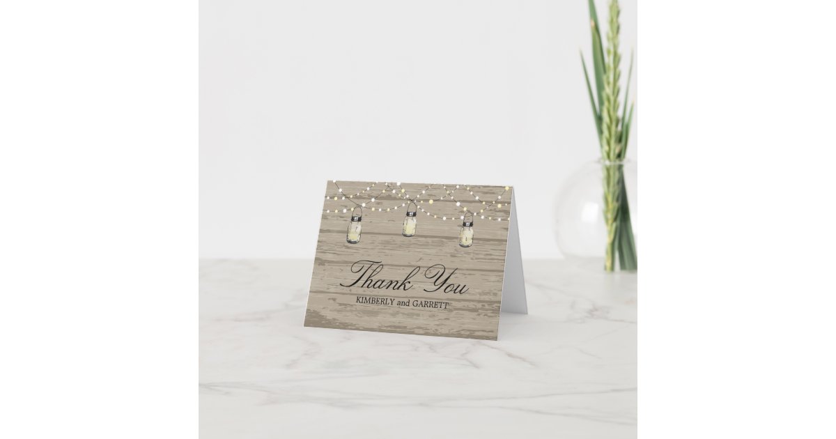 Rustic Wood Mason Jar and Lights Thank You Card | Zazzle