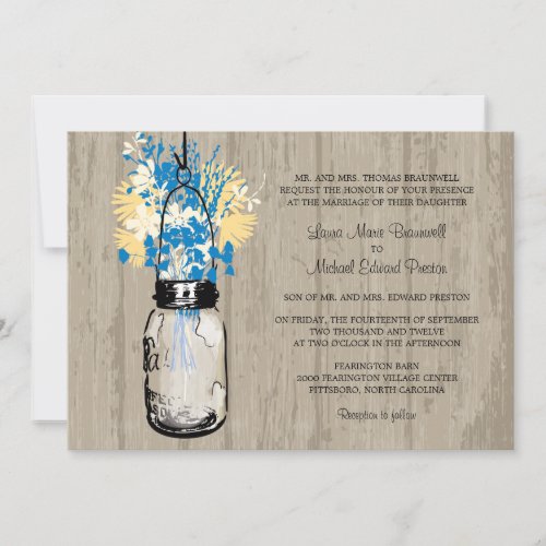 Rustic Wood Mason Jar and Wildflowers Wedding Invite