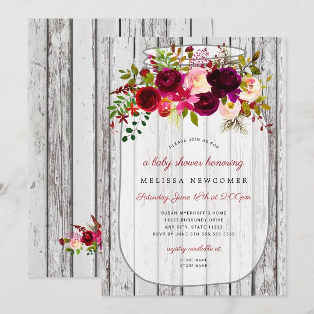 Rustic wood mason jar baby shower invitation (Front/Back)