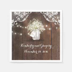 Rustic Wood Mason Jar Baby's Breath Barn Wedding Paper Napkins