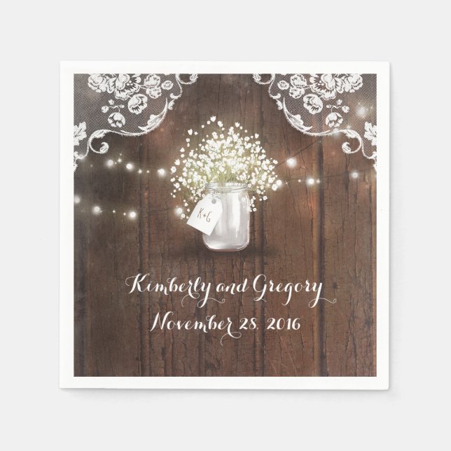Rustic Wood Mason Jar Baby's Breath Barn Wedding Paper Napkins (Front)