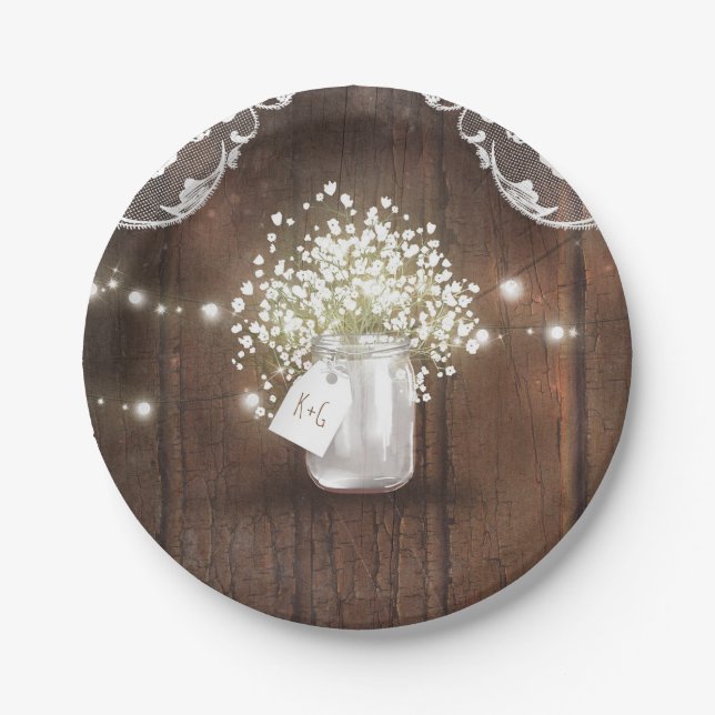 Rustic Wood Mason Jar Baby's Breath Barn Wedding Paper Plates (Front)