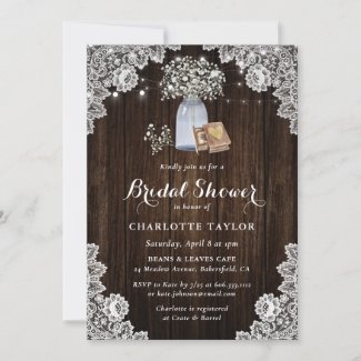 Rustic Wood Mason Jar Baby's Breath Bridal Shower Invitation