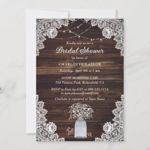 Rustic Wood Mason Jar Babys Breath Bridal Shower Invitation