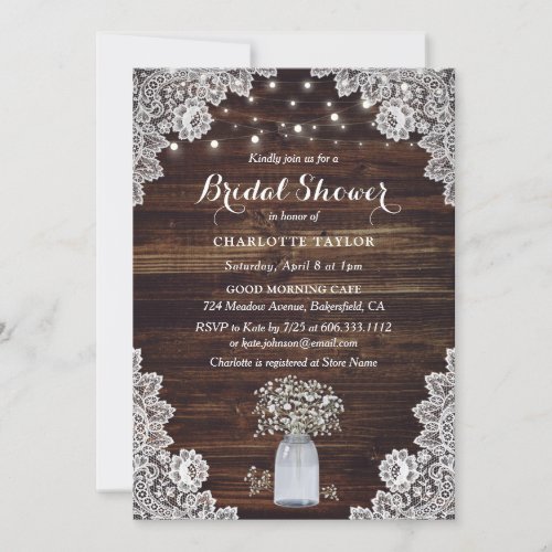 Rustic Wood Mason Jar Babys Breath Bridal Shower Invitation