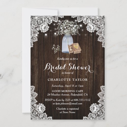 Rustic Wood Mason Jar Babys Breath Bridal Shower Invitation