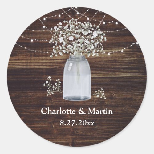 Rustic Wood Mason Jar Babys Breath Wedding Classic Round Sticker