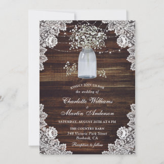 Rustic Wood Mason Jar Baby's Breath Wedding Invitation