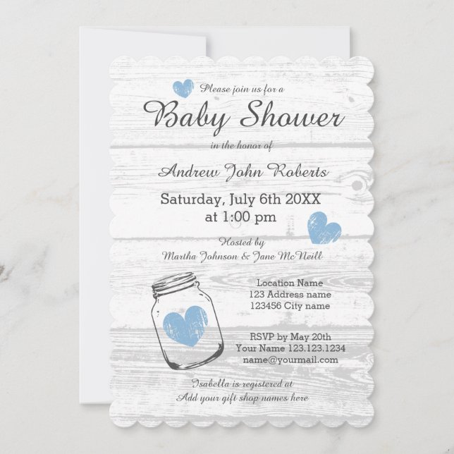 Rustic wood mason jar boy baby shower invitations (Front)