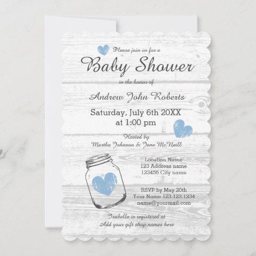 Rustic wood mason jar boy baby shower invitations