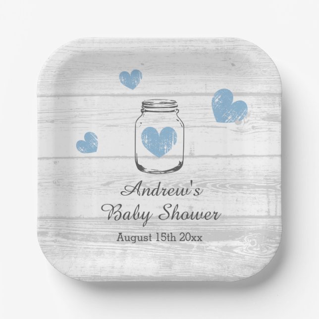 Rustic wood mason jar boy's baby shower party paper plates (Front)