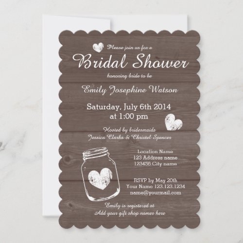 Rustic wood mason jar bridal shower invitations