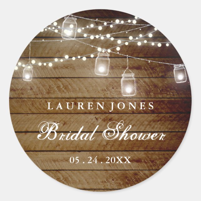 Rustic Wood Mason Jar Bridal Shower Sticker (Front)