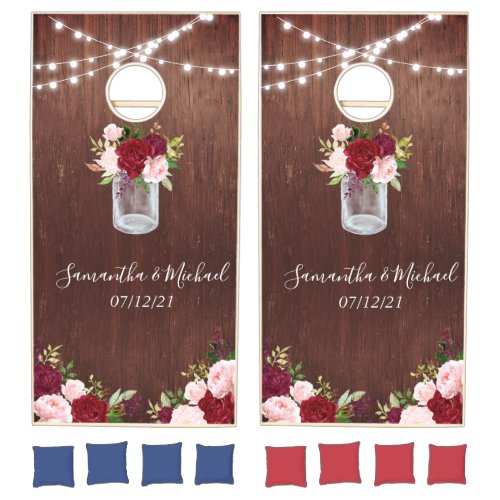 Rustic Wood Mason Jar Burgundy Blush Flowers Cornhole Set