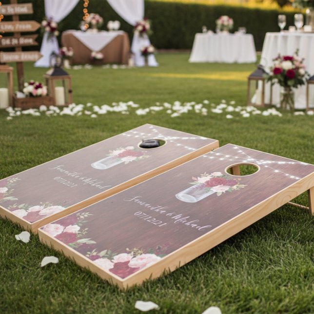 Rustic Wood Mason Jar Burgundy Blush Flowers Cornhole Set (Creator Uploaded)