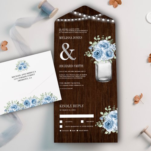 Rustic Wood Mason Jar Dusty Blue Floral Wedding All In One Invitation